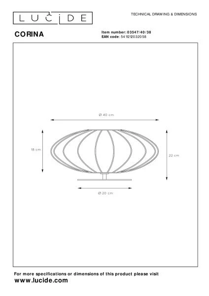 Lucide CORINA - Table lamp - Ø 40 cm - 1xE27 - Cream - technical
